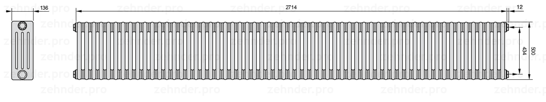 Схема (чертеж) Радиатор Zehnder Charleston 4050/59 №7610 Белый глянцевый RAL 9016